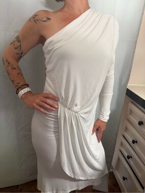 Made In Italy-  Stunning Aquavita- One-Shoulder White Draped Midi Dress- NWT